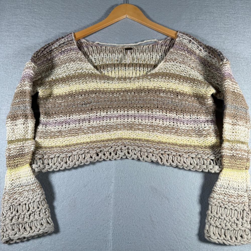 Free People Chunky Knit Striped‎ Cropped Sweater Tan Cream Wool Blend S/P